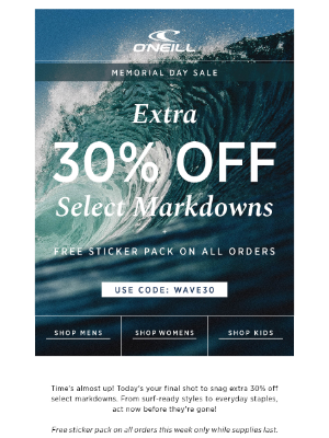 O'Neill - Final Hours: Extra 30% Off Select Markdowns