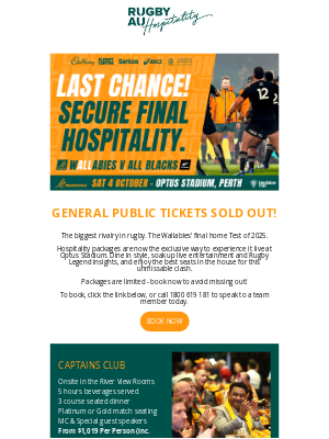 Australian Rugby Union (Australia) - Perth Bledisloe: General Public Tickets Sold Out, Final Hospitality Available