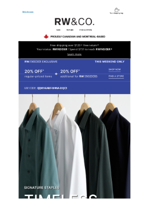 RW&CO.(Canada) - Timeless Shirting Meets 20% + 20% off