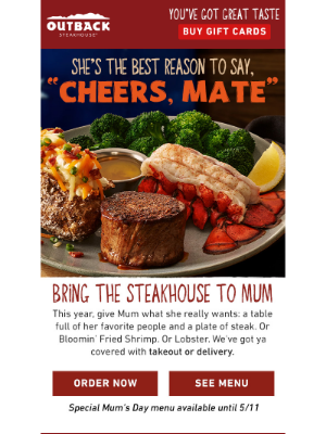 Outback Steakhouse - No Worries, Mate 🚗 There’s Still Time to Make Mum’s Day!