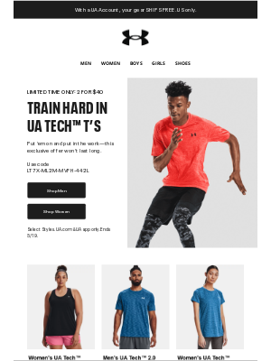Under Armour - 4 Days Only: 2 for $40 on UA Tech™ T’s