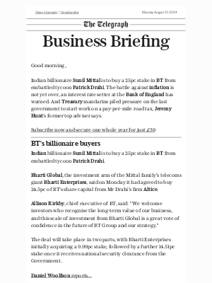 The Telegraph (United Kingdom) - Indian billionaire snaps up 25pc stake in BT