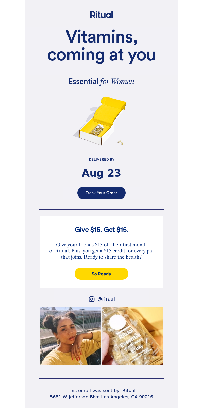Shipping confirmation email from Ritual