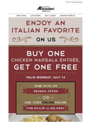 Romano's Macaroni Grill - Today Only: Buy One Chicken Marsala Entrée, Get One FREE!