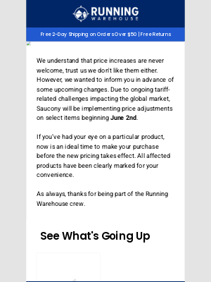 Running Warehouse - Saucony Price Increases Starting June 2nd