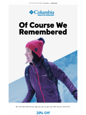 Columbia Sportswear - Your 20% off birthday gift expires soon!