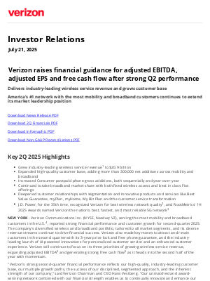 Verizon - Verizon raises financial guidance for adjusted EBITDA, adjusted EPS and free cash flow after strong Q2 performance