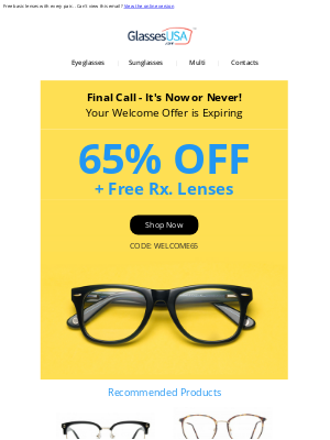 GlassesUSA - Your 65% Off Glasses Offer is Expiring!