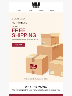 MUJI - 2 Days of FREE SHIPPING 🚚 We're Moving!
