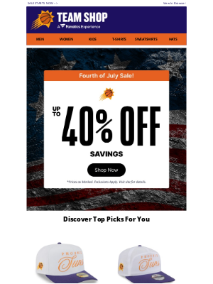 Phoenix Suns - 4th Of July Sale: Up to 40% Off Suns Gear