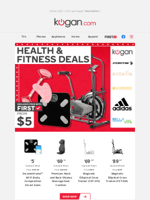 Kogan (AU) - Boxing Day Sale Health & Fitness Deals: Smart Scales Only $5* - Plus Elliptical Trainers, Massage Chairs & More