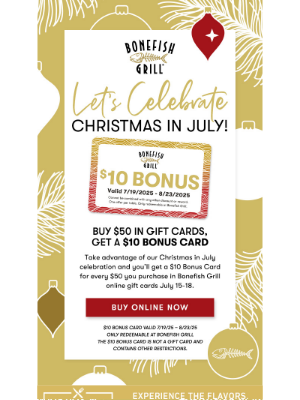 Bonefish Grill - Gift Card Sale Alert: Purchase $50, receive a $10 Bonus!