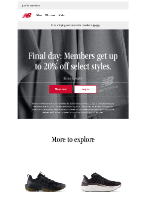 New Balance - Final day for members to get up to 20% off select styles.