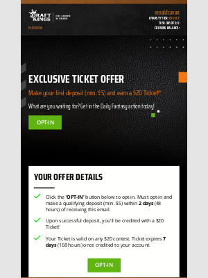 DraftKings - ronaldcavan, you can score a $20 Ticket! 🎟️