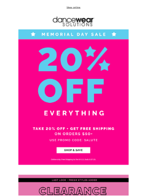 Dancewear Solutions - 20% Off EVERYTHING Memorial Day Sale