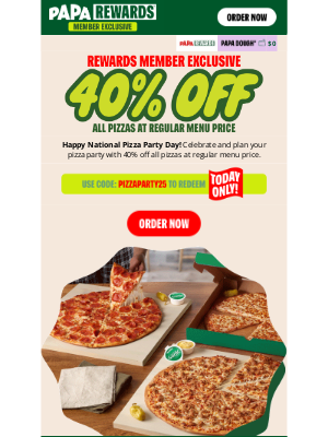Papa John's - Rewards Member Exclusive today only: Get 40% off all pizzas 🥳🍕