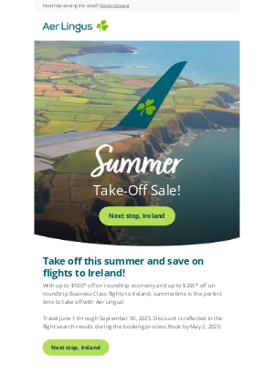 Aer Lingus - Take off up to $200 on Summer Flights