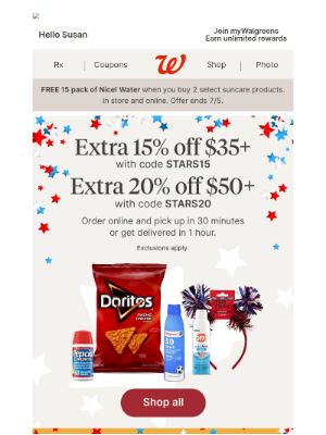 Walgreens - Red, White & On Sale: Extra 15% off $35+ 🎆