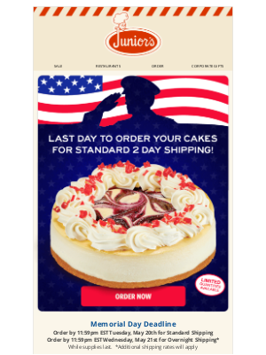 Junior's Restaurant & Cheesecake - Order Now to Get in Time for Memorial Day with Standard Shipping  🚚