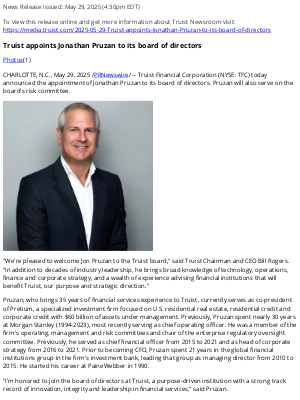 Truist Financial - Truist appoints Jonathan Pruzan to its board of directors