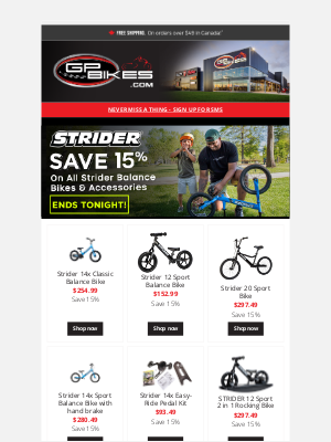 GP Bikes - Last Chance to Save 15% on All Strider Bikes & Gear!