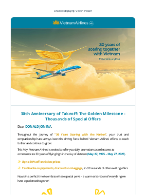 Vietnam Airlines - 30th Anniversary of Takeoff: The Golden Milestone - Thousands of Special Offers