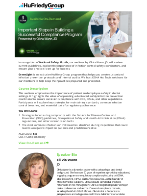 HuFriedyGroup - On-Demand CE Now Available: Important Steps in Building a Successful Compliance Program