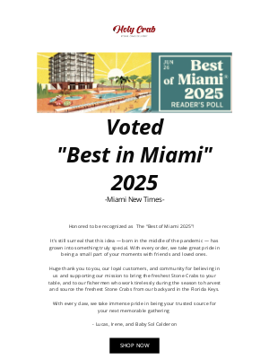 Holy Crab Delivery - Voted Best of Miami 2025: A Huge Thank You!