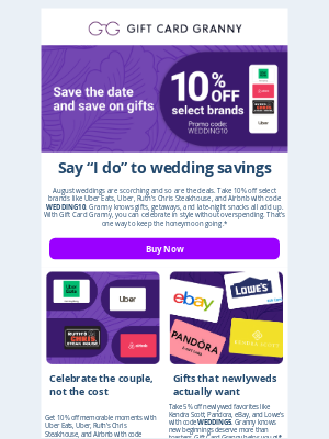 Gift Card Granny - 💍 Say “I do” to wedding savings—10% off select gift cards