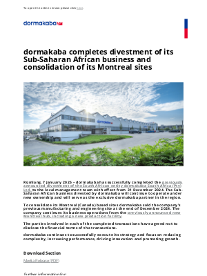 dormakaba completes divestment of its Sub-Saharan African business and consolidation of its Montreal sites