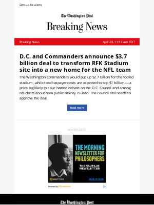 Washington Post - Breaking News: D.C. and Commanders announce $3.7 billion deal to transform RFK Stadium site into a new home for the NFL team