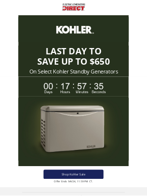 Power Equipment Direct - Last Day! Save Up to $650 on Kohler Generators