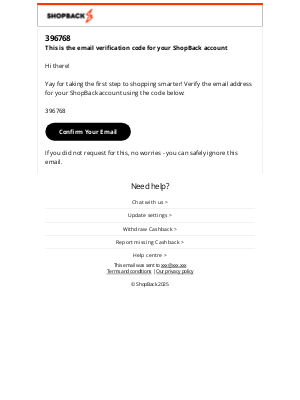 ShopBack - Your ShopBack verification code:  396768