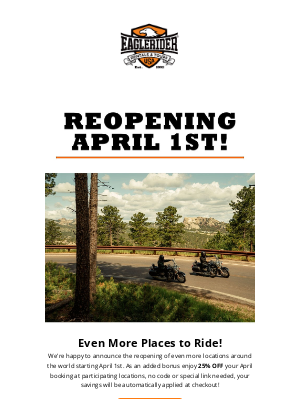 EagleRider - Save 25% Off Your Next Rental ALL April Long!