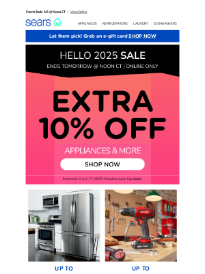 Sears - Hello 2025 Sale Still On! Up to 30% Off Select Appliances + Extra 10% Off!