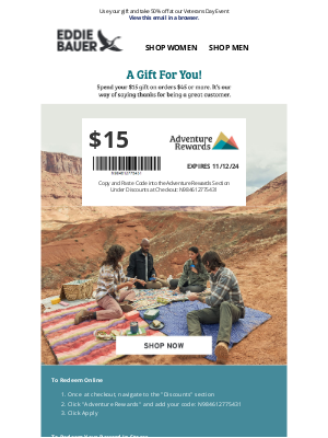 Eddie Bauer - Your $15 Gift Won't Last Forever!