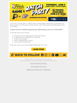 Indiana Pacers - Finals Game 1 Watch Party at Gainbridge Fieldhouse!