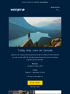 WestJet - Save an extra 20% off base fares across Canada