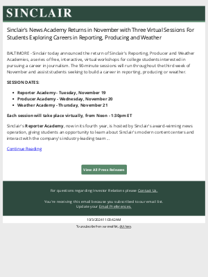 Sinclair's News Academy Returns in November with Three Virtual Sessions For Students Exploring Careers in Reporting, Producing and Weather