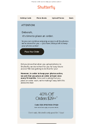 Shutterfly - Deborah, your Shutterfly account needs your attention
