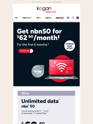 Kogan - NEW OFFER: nbn50 for $62.90/month - for the first 6 months!