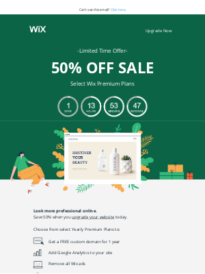Wix - Save 50% and get a free domain when you upgrade your site today
