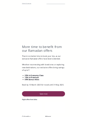 Qatar Airways - Exclusive Ramadan offers extended: Save up to 25% and earn 50% bonus Avios