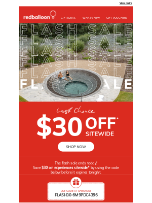RedBalloon (Australia) - $30 off sitewide ends tonight