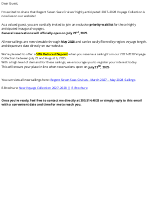 Regent Seven Seas Cruises - 2027–2028 Season Priority Registration Now Available | Contact Sam at 305.514.4833