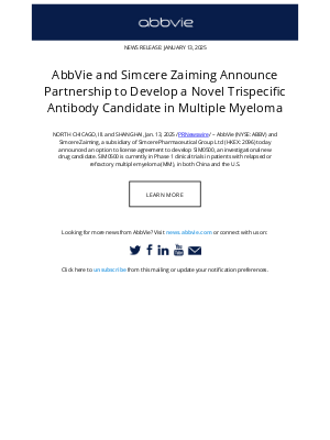 AbbVie - AbbVie Press Release: AbbVie and Simcere Zaiming Announce Partnership to Develop a Novel Trispecific Antibody Candidate in Multiple Myeloma