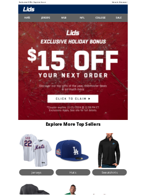 LIDS - Holiday Bonus | Claim $15 Off Today