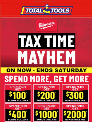 Total Tools (Australia) - Esther, It’s On Now for 3 Days Only! Total Tools Milwaukee Tax Time Mayhem – Score Up to $2,000 Bonus Dollars to spend on more Milwaukee!*