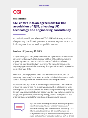 CGI - CGI enters into an agreement for the acquisition of BJSS, a leading UK technology and engineering consultancy