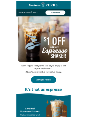 Caribou Coffee - $1 off Espresso Shakers? Say less